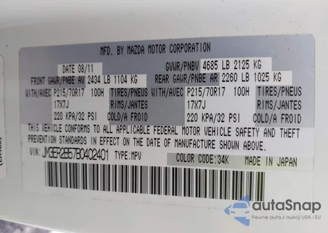 2011 Mazda Cx-7 I Sport z USA, uszkodzony, nr VIN JM3ER2B57B0402401